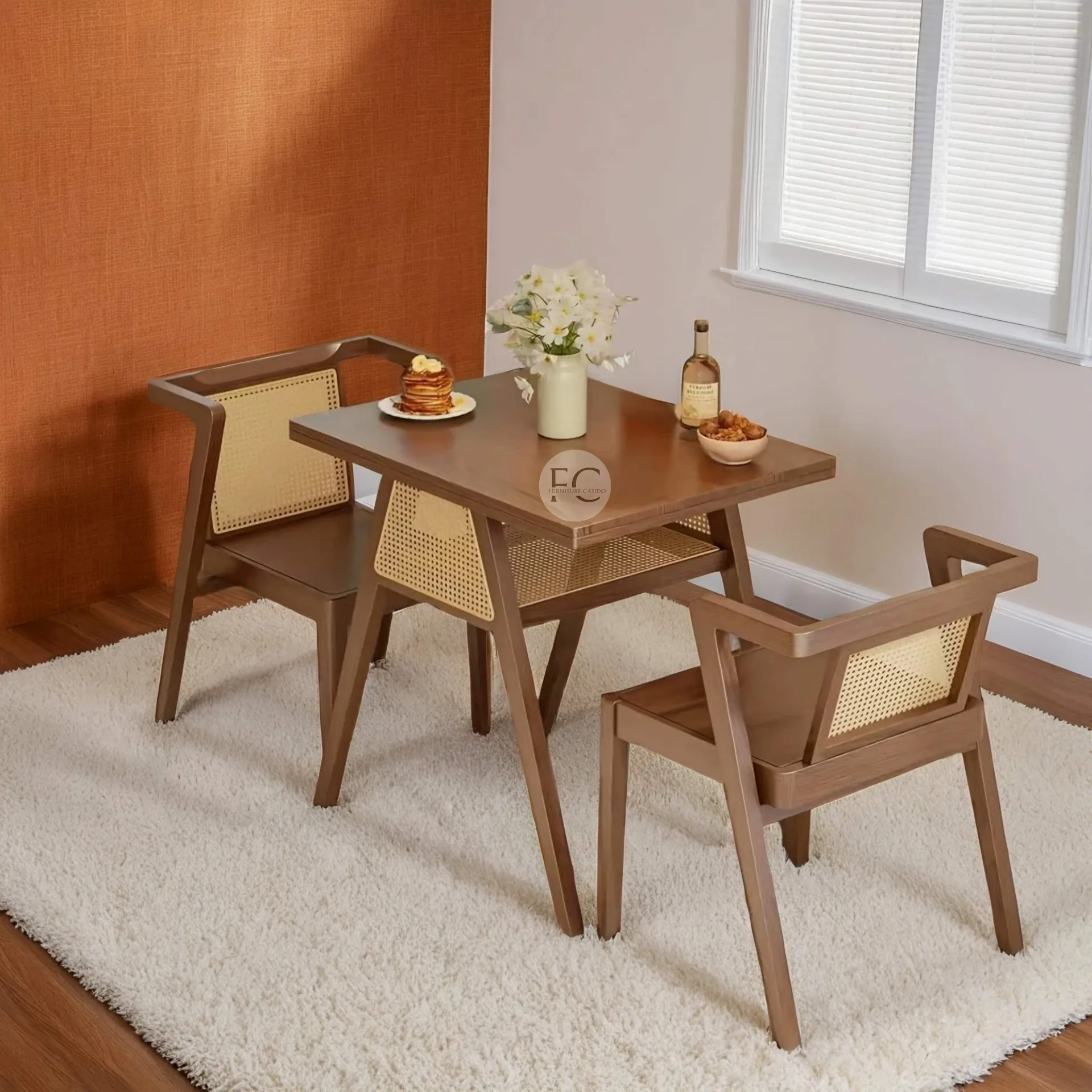 2 seater dining table design with chairs made with rattan cane & solid mango wood for home, cafe & restaurant ( 1 table + 2 chairs )