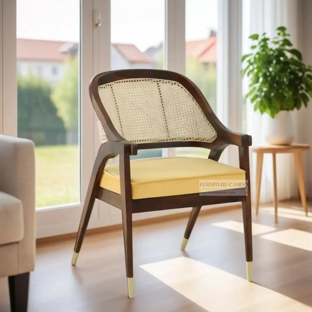 solid sheesham wood rattan accent chair design with cushion seat & armrest
