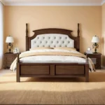 VICTORIAN SOLID WOOD BED DESIGN WITH SIDE TABLE IN KING SIZE AND QUEEN SIZE WITH CUSHION HEADBOARD