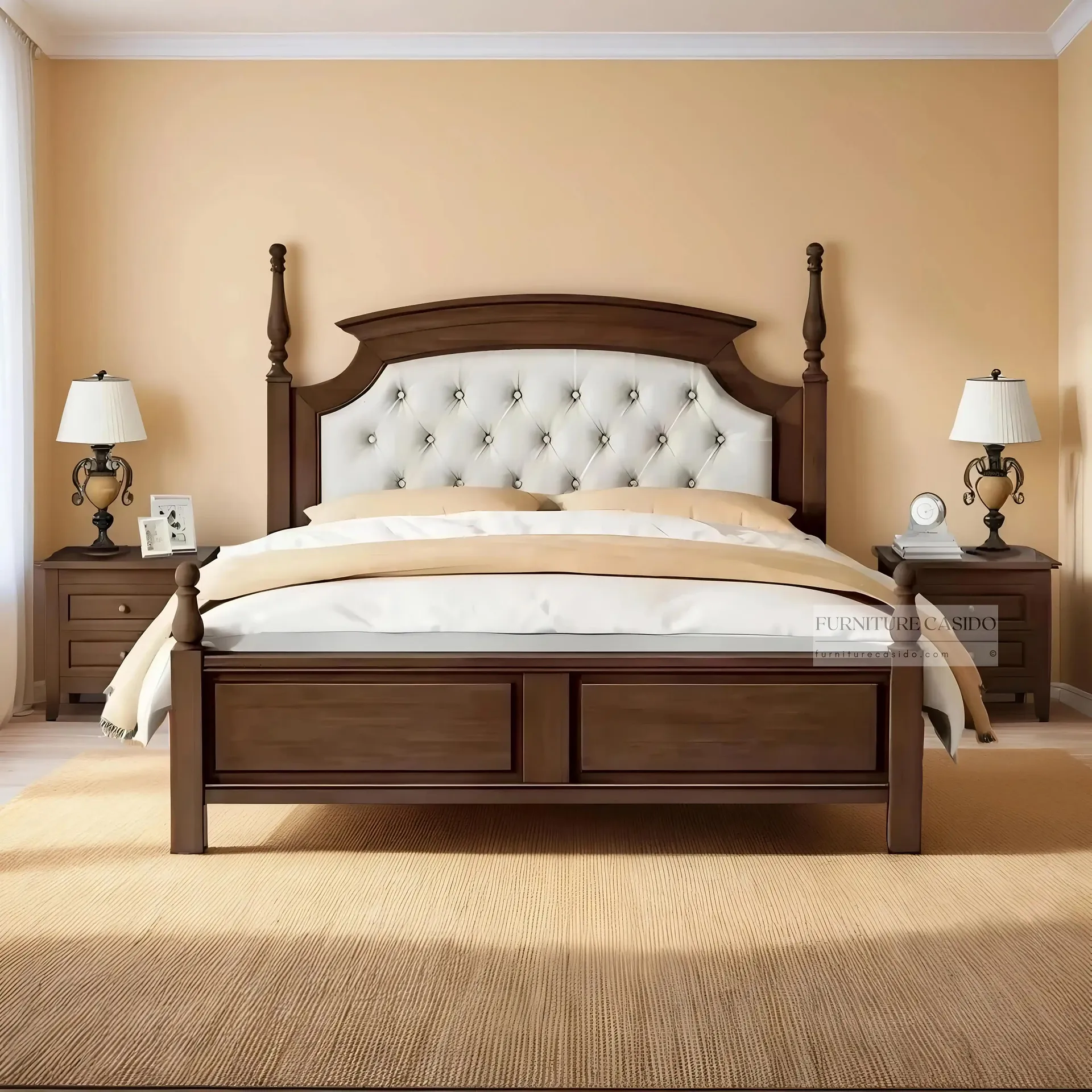 solid wood bed design with side table in king size and queen size with back cushion