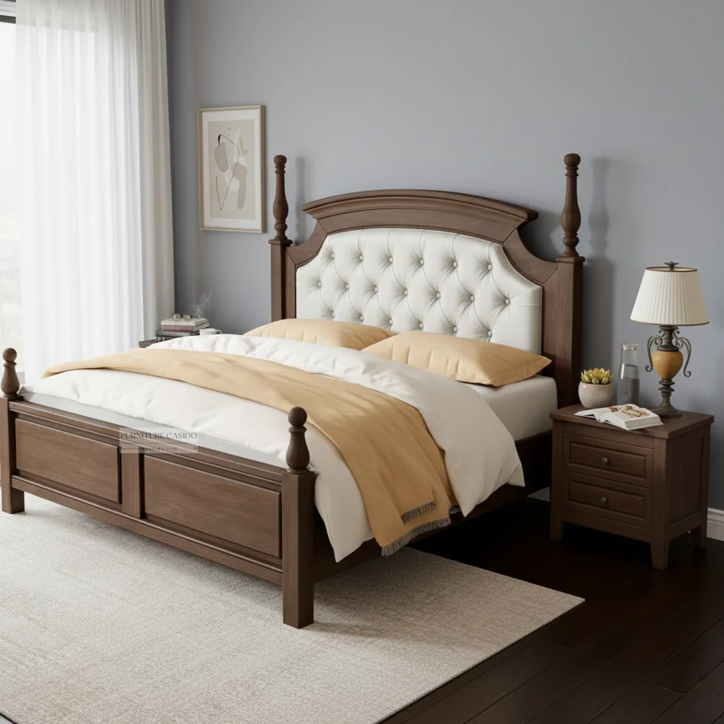 wooden upholstered bed in king size with bedside table options