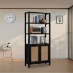 MODERN SOLID SHEESHAM WOOD BOOKCASE / BOOKSHELF & DISPLAY RACK WITH RATTAN CANE WORK