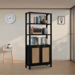 MODERN SOLID SHEESHAM WOOD BOOKCASE / BOOKSHELF & DISPLAY RACK WITH RATTAN CANE WORK