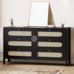 MODERN SOLID WOOD CHEST OF 6 DRAWER DRESSER CABINET WITH RATTAN CANE WORK