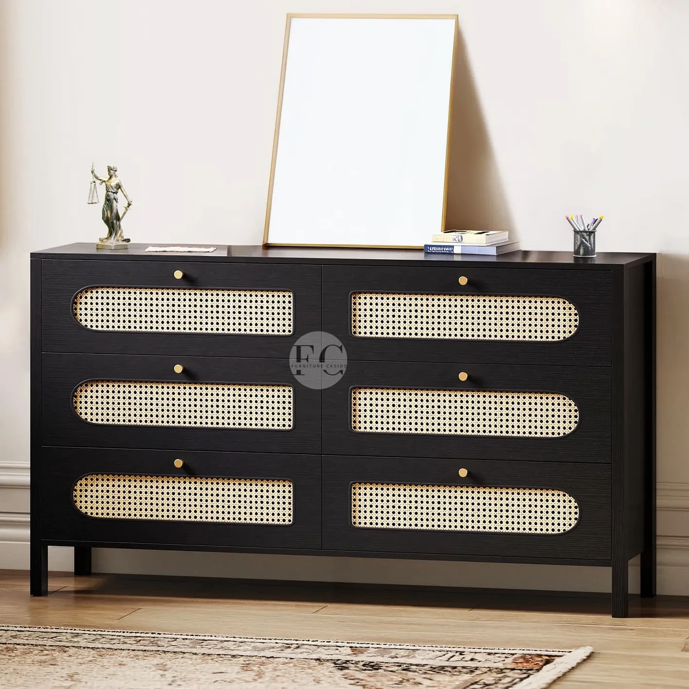 chest of 6 drawer design - dresser cabinet design with rattan cane work & mango wood