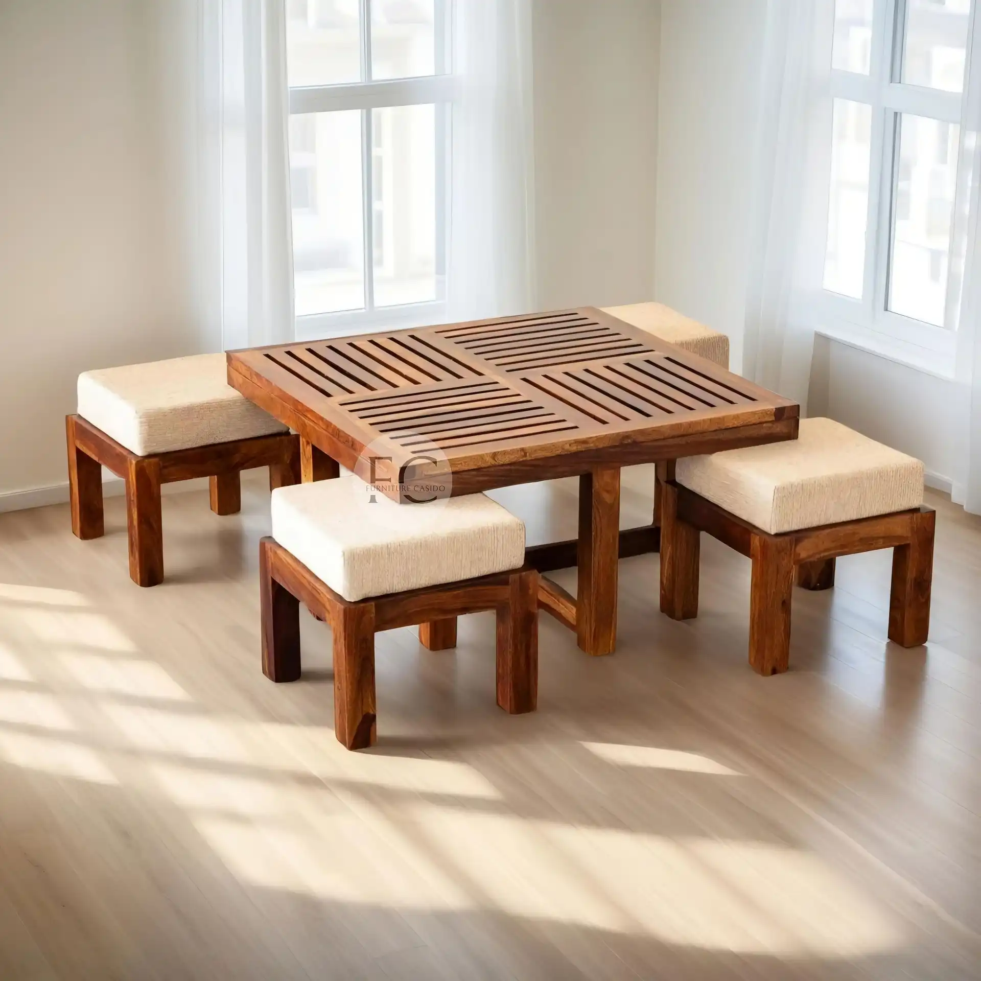 coffee table made with solid sheesham wood and fabric on stools (+4 stools)