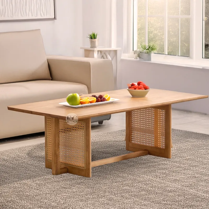 living room wood coffee table design with rattan cane work made with mango wood