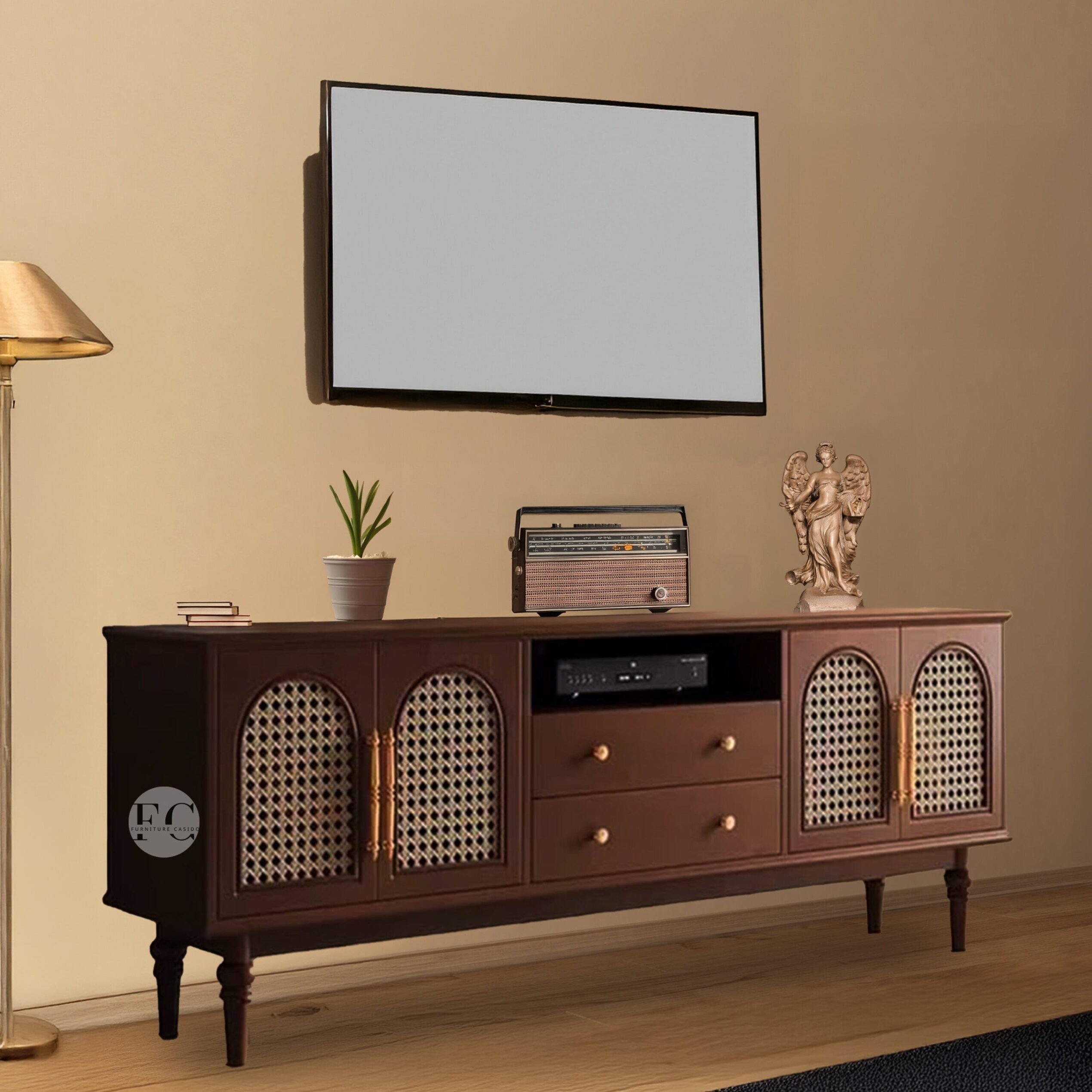 nona tv unit design - tv cabinet design with rattan work & solid sheesham wood