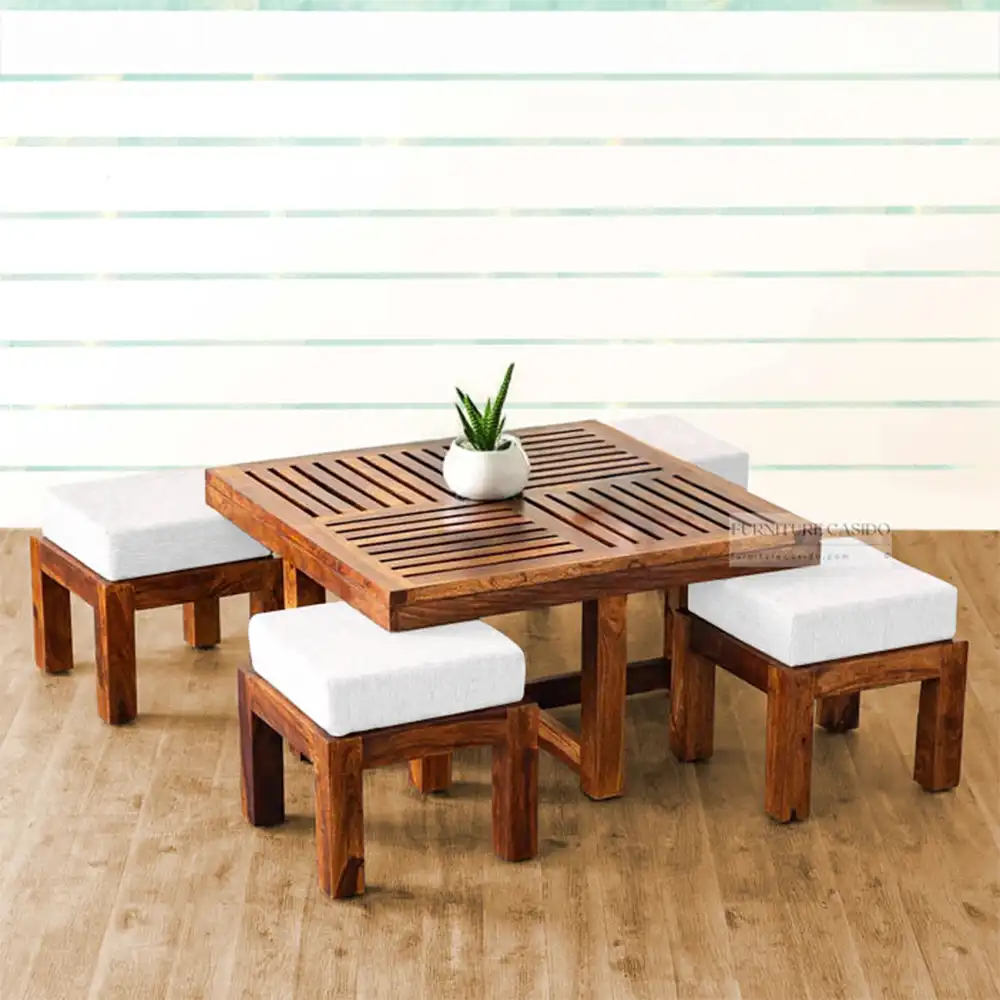 solid sheesham wooden center table design coffee table with 4 stools