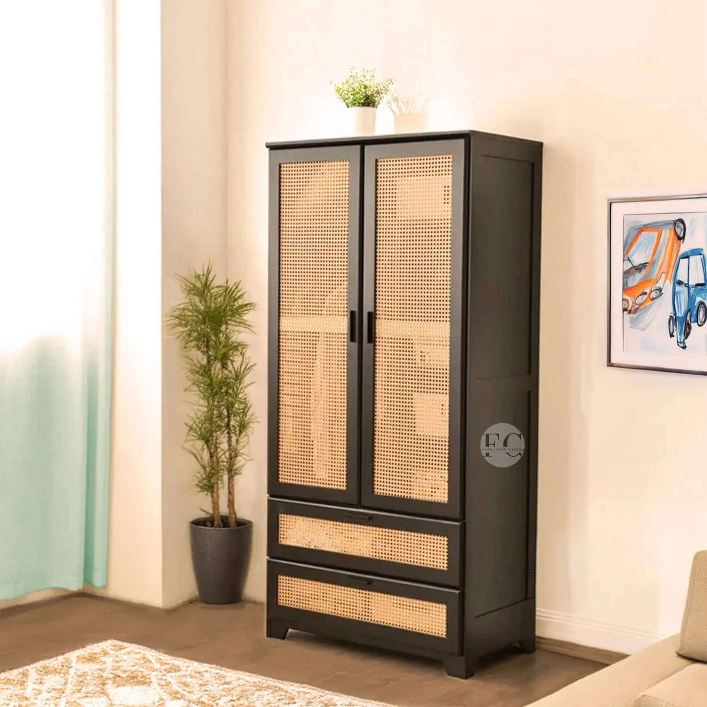 solid wood 2 door cupboard design - wardrobe design with rattan cane work - bedroom furniture