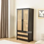 BOHEMIAN SOLID SHEESHAM WOOD RATTAN WARDROBE WITH 2 DOORS & 2 DRAWERS