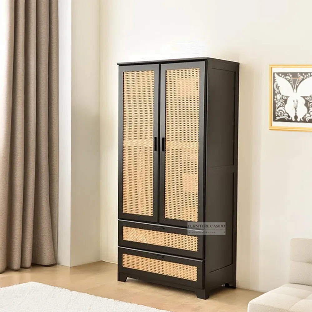 solid wood rattan wardrobe design with 2 doors & 2 drawers