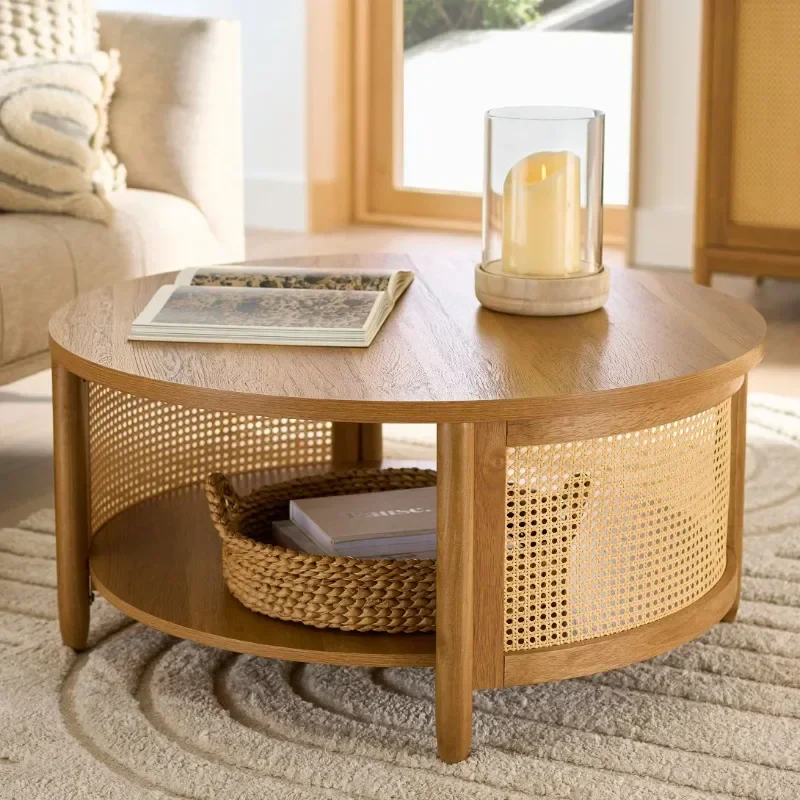Wooden-coffee-table-center-center-table-in-round-shape-with-rattan-cane-work-bottom-shelf