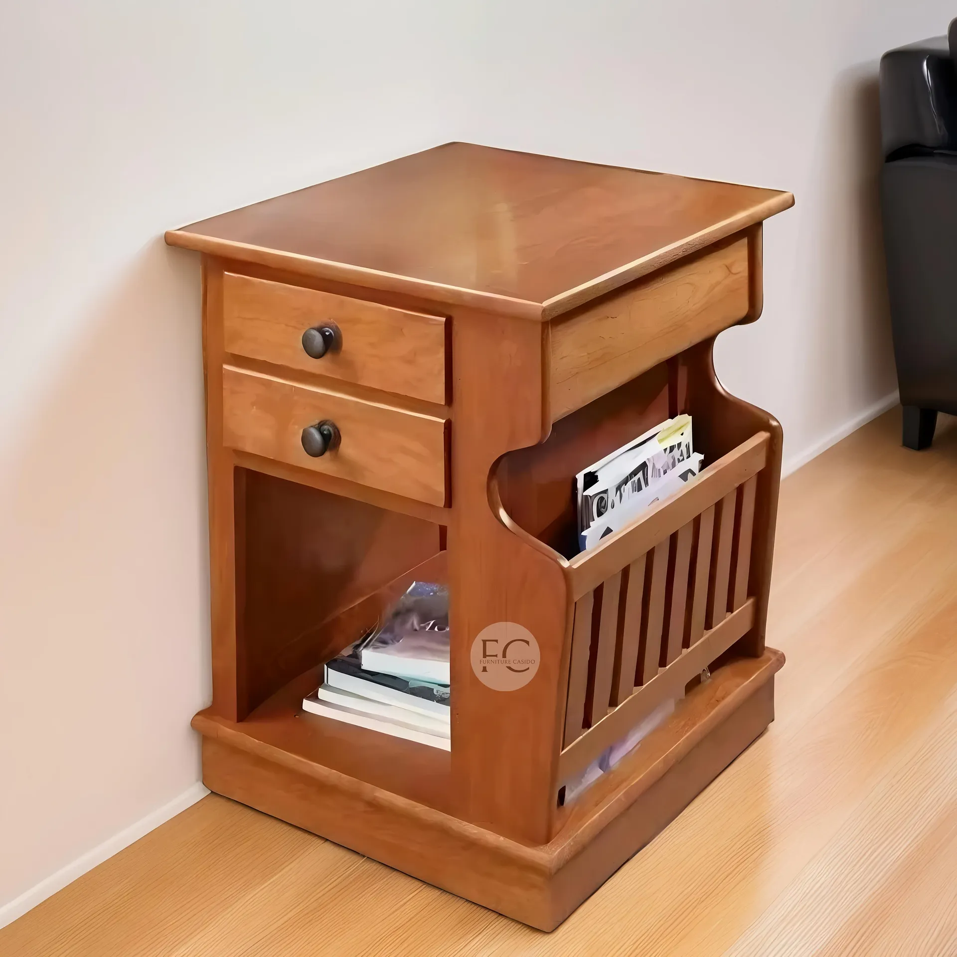 bed side cabinet - side table made with magazine rack + 2 drawers - bedroom furniture