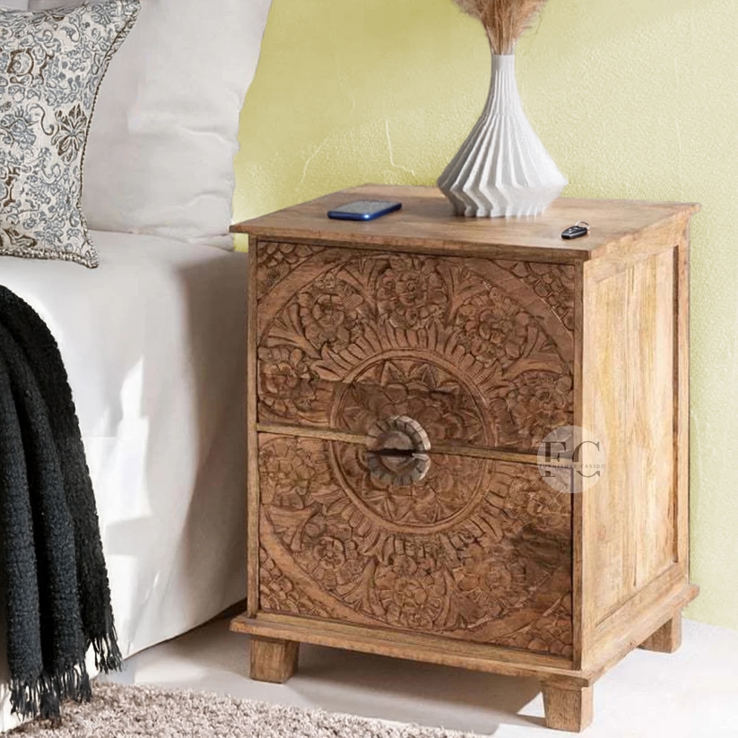 handcarved solid wooden bedside table design with 2 drawers