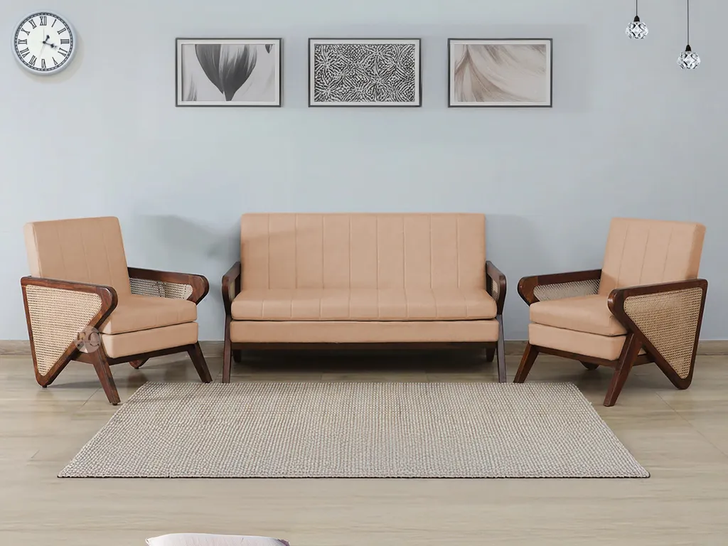 solid sheesham wood sofa set design 3 seater, 2 seater and 1 seater with rattan cane work