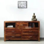 CONTEMPORARY SOLID WOODEN CHEST OF DRAWERS CABINET WITH 2 STORAGE SHELVES