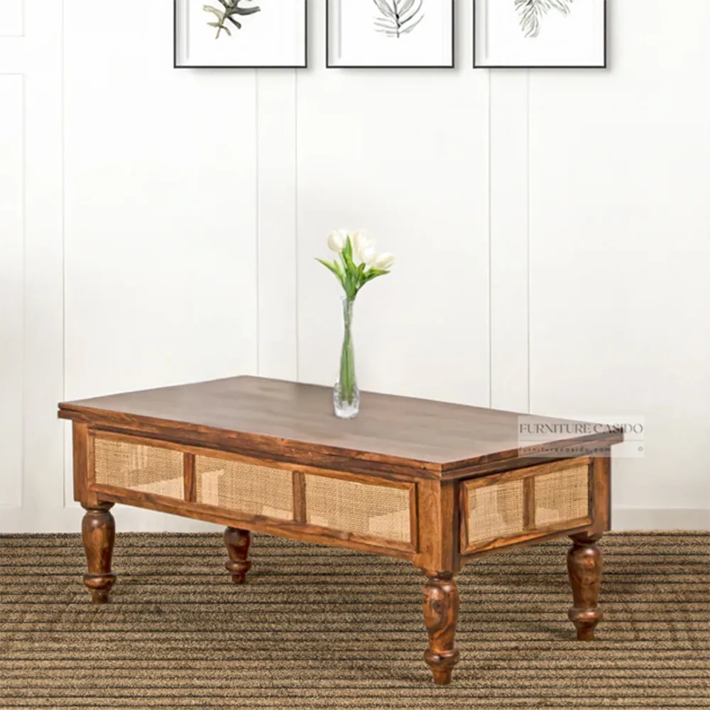 solid wooden wooden coffee table design center table design with rattan cane work