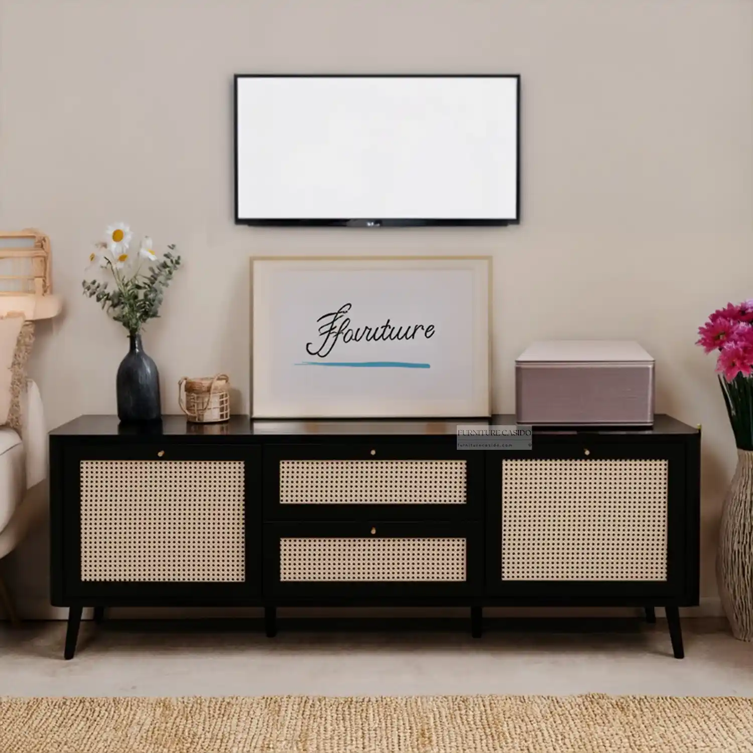 wooden cane tv unit - tv cabinet
