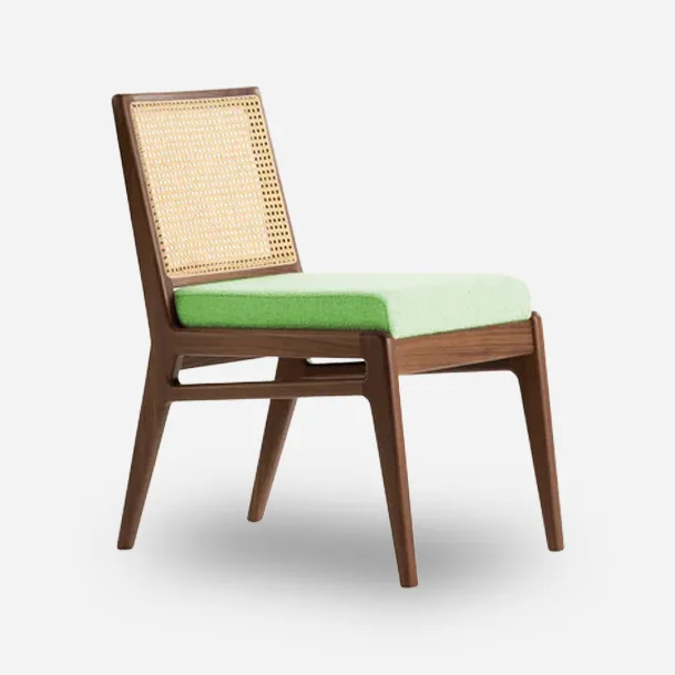 wooden chair design with rattan cane work and fabric seat