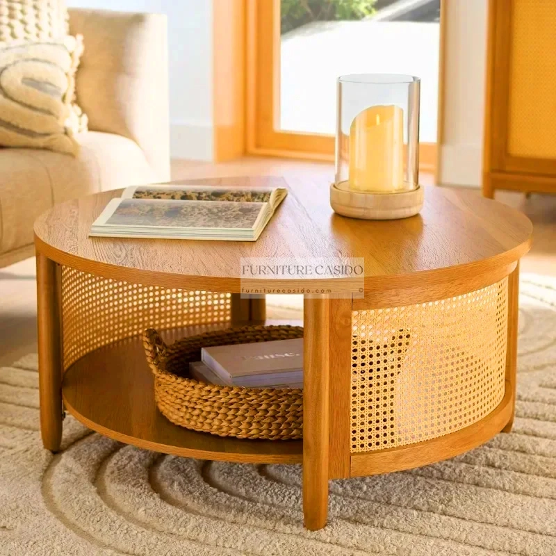 wooden round coffee table design center table design with rattan cane work & bottom shelf