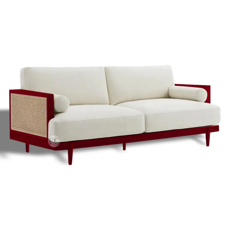 wooden sofa set design with rattan cane work from 1 seater sofa to 3 seater sofa