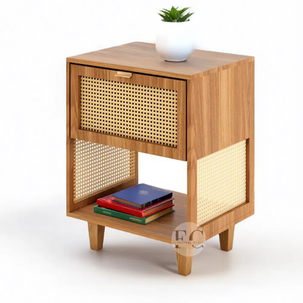 boho solid mango wood rattan bedside design & rattan side table design