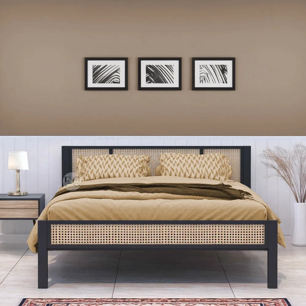 contemporary solid wood bed design with rattan cane work ! in queen size bed & king size bed