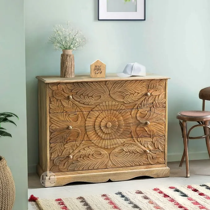 handcarved solid mango wood chest of 3 drawers design cabinet design !