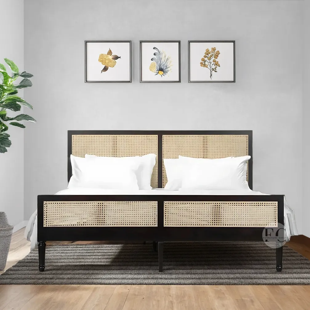 solid mango wood bed design with rattan cane work ! available in king size & queen size