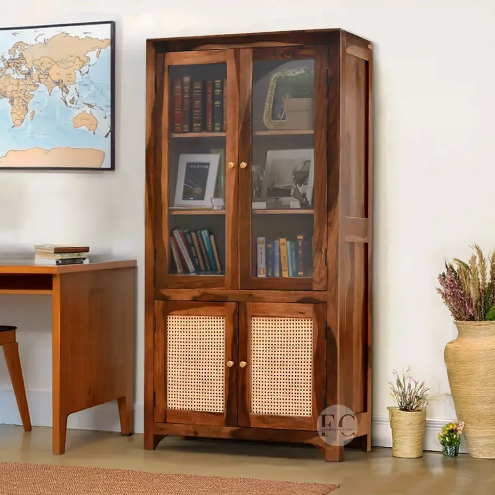 solid sheesham wood bookshelf design - bookcase design with rattan cane work