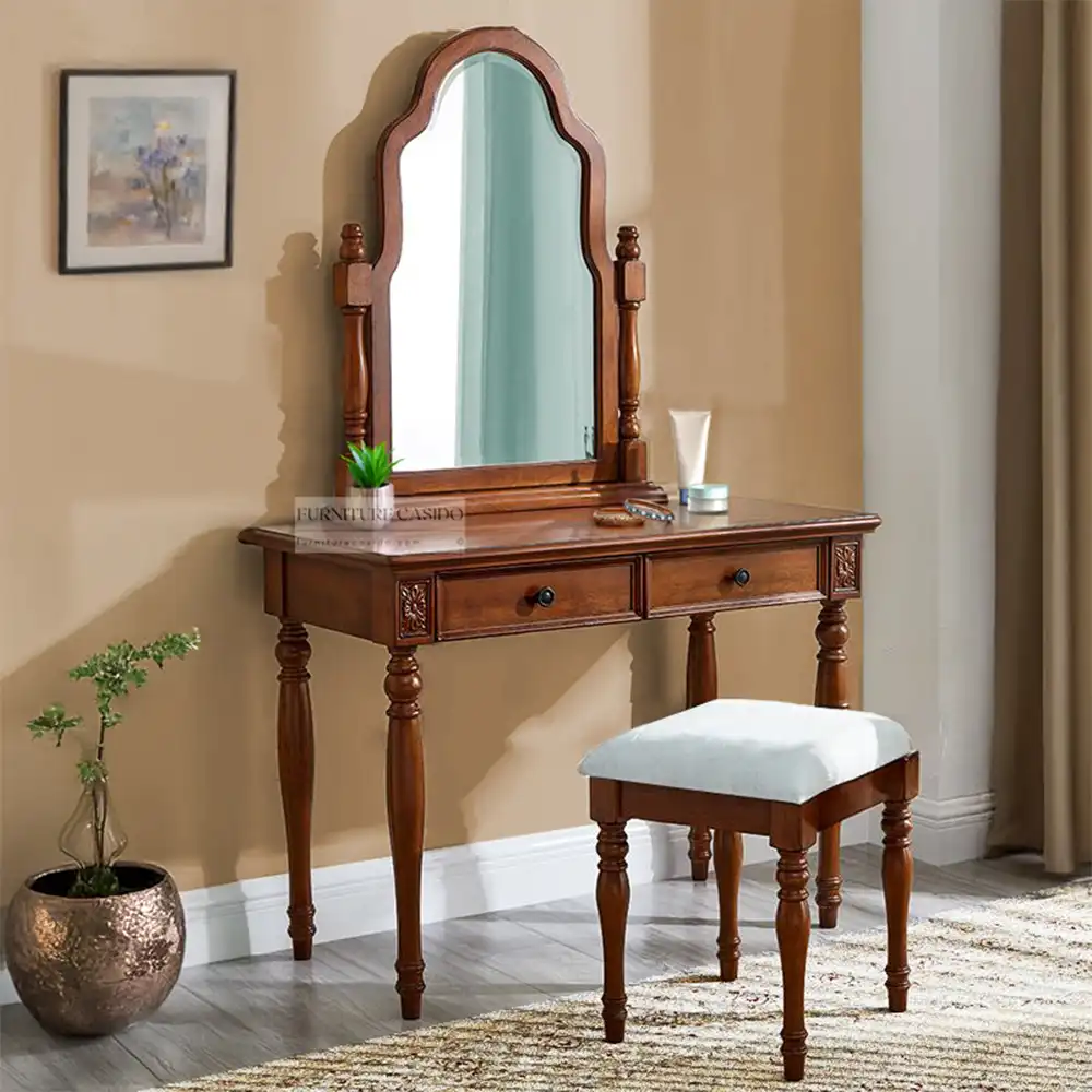 solid sheesham wooden dressing table with mirror and stool