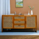 NOVA SOLID SHEESHAM WOOD SIDEBOARD CABINET WITH RATTAN CANE WORK