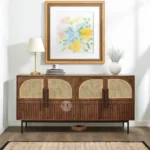 MID CENTURY SOLID WOOD SIDEBOARD - KITCHEN CROCKERY CABINET WITH RATTAN CANE WORK !