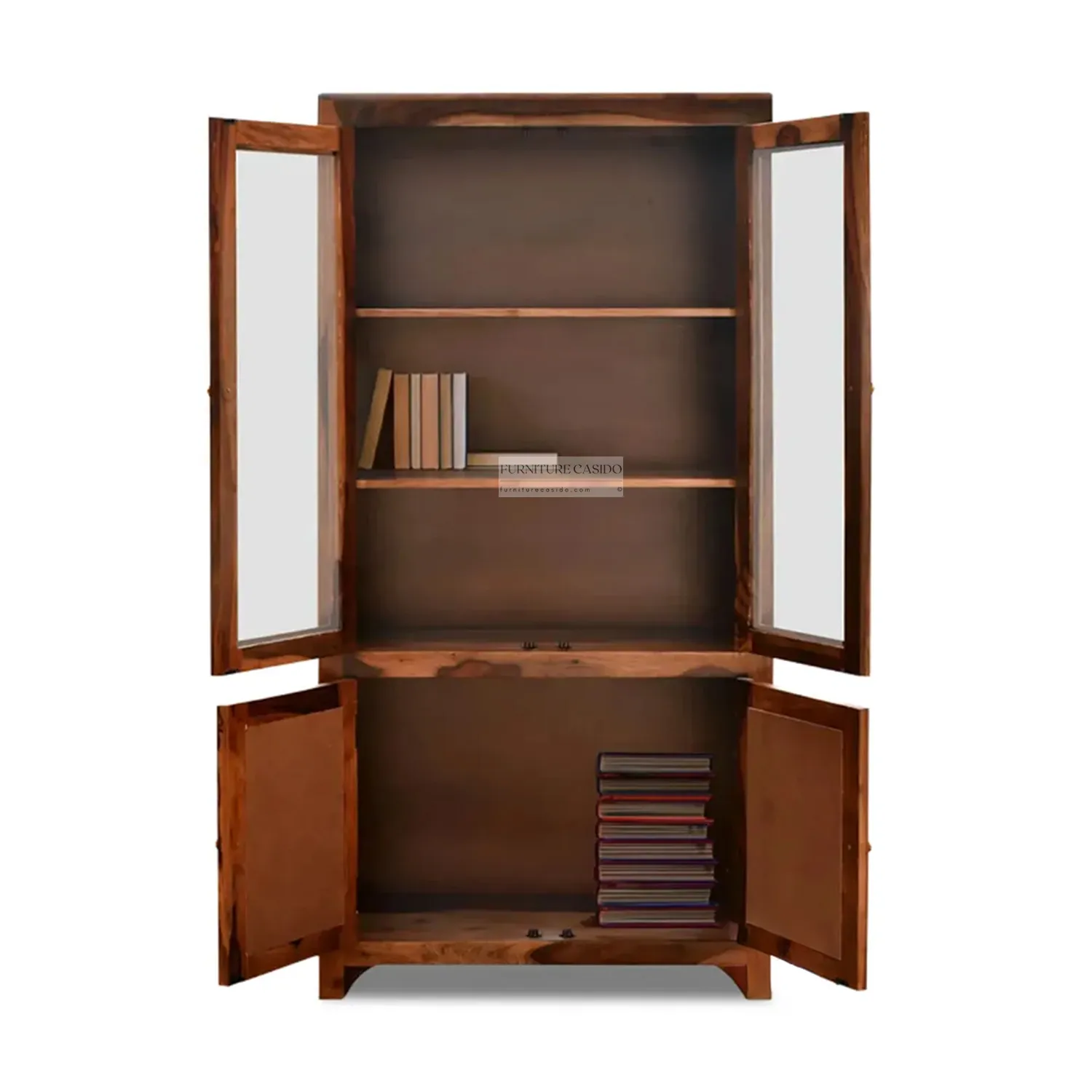 solid wooden bookshelf with glass doors & rattan cane work