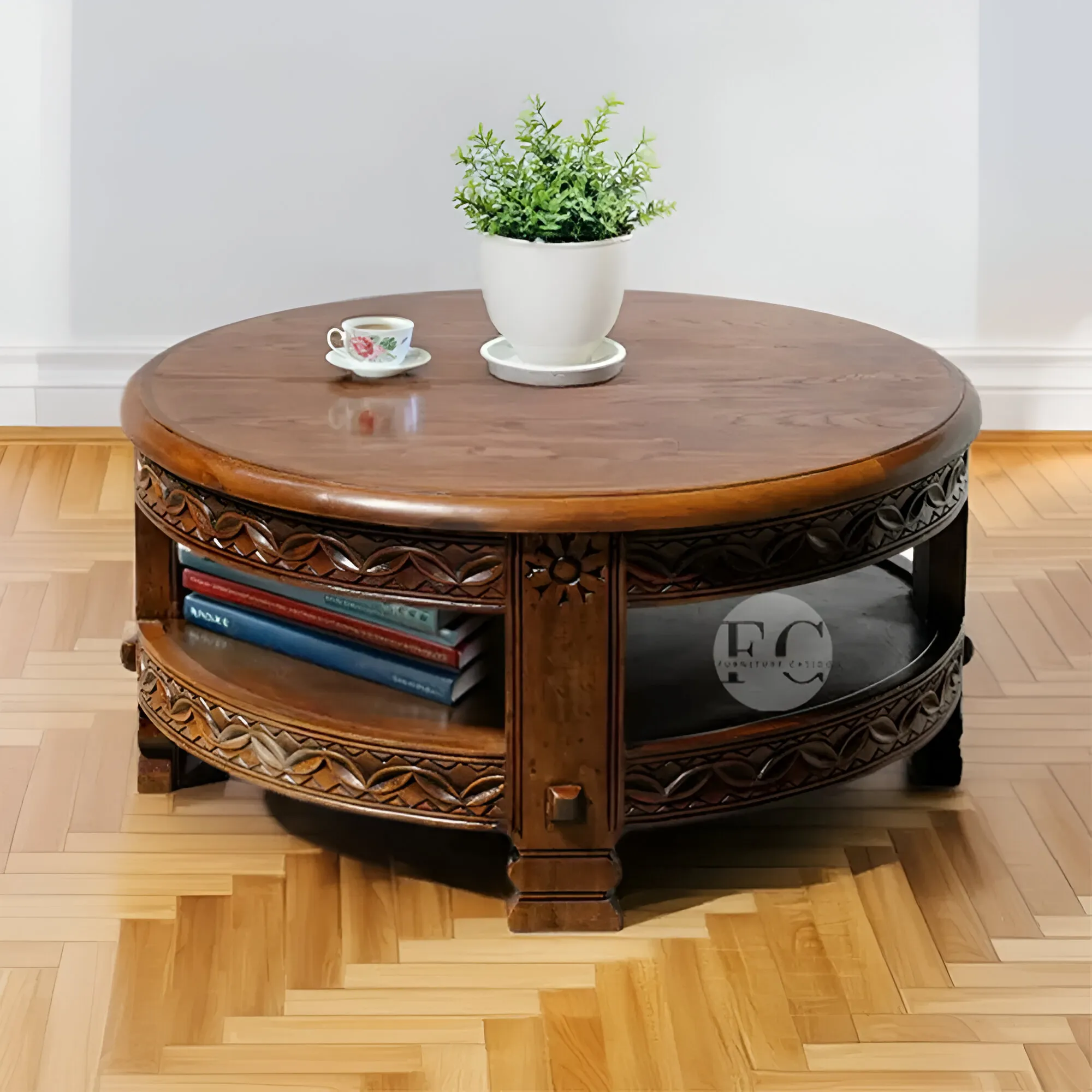 traditional solid mango wood round shape design center table & coffee table with handcarved design