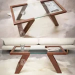 SCULPTURAL WOODEN COFFEE TABLE WITH GLASS TOP - SOFA CENTER TABLE