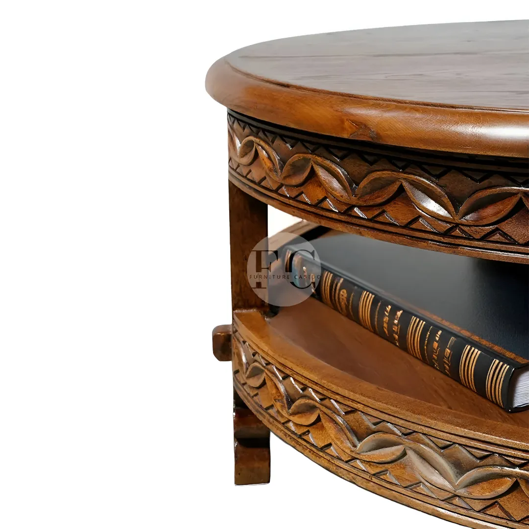wooden round coffee table & center table with bottom shelf