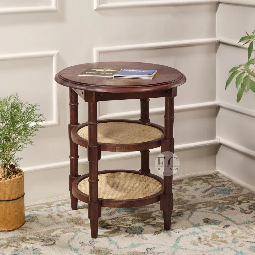 COLONIAL WOODEN ROUND RATTAN SIDE TABLE WITH 2 BOTTOM SHELF