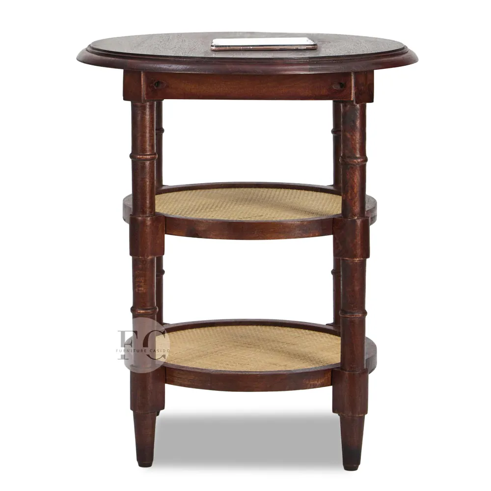 wooden round rattan side table with 2 bottom shelf