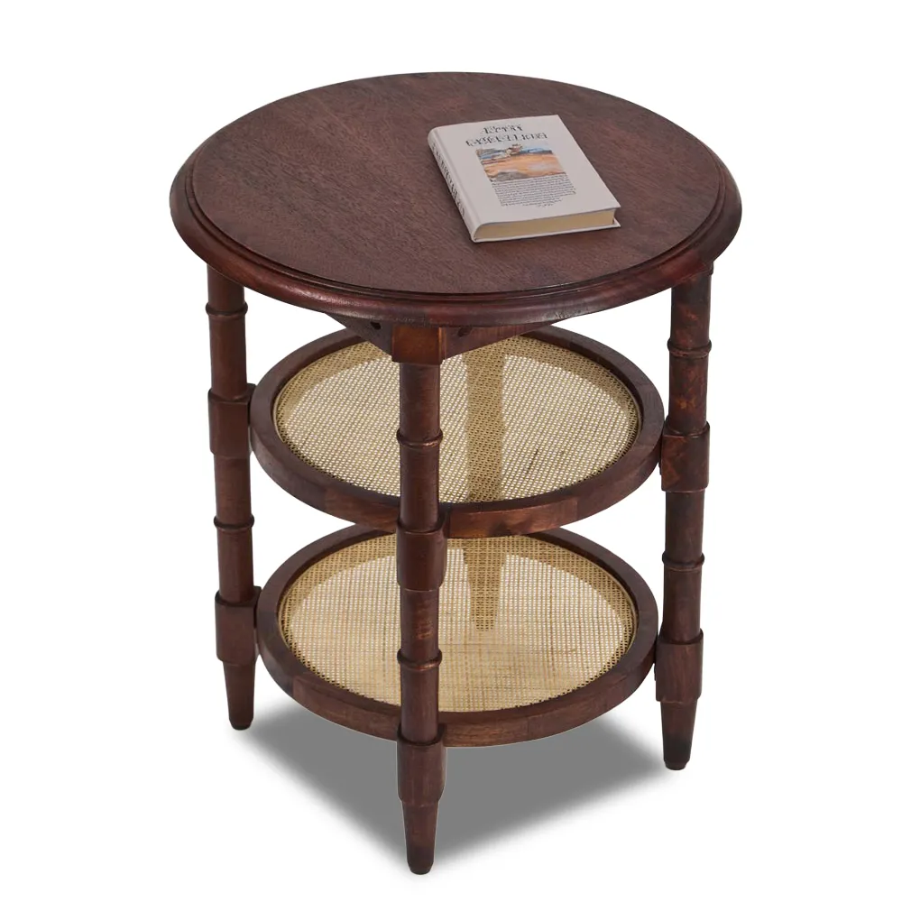 wooden round rattan side table with 2 bottom shelf