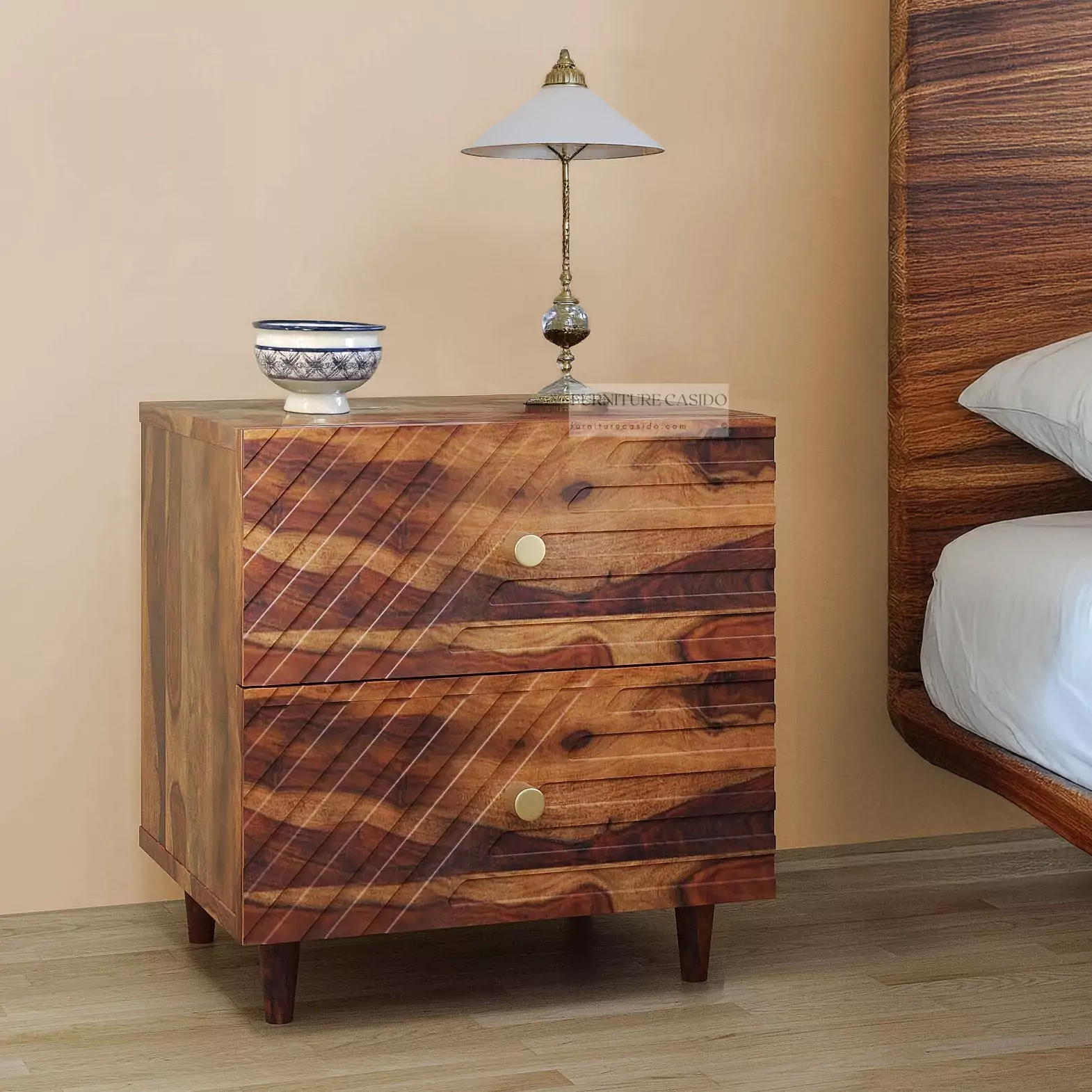 solid sheesham wood 2 drawer bedside table modern design