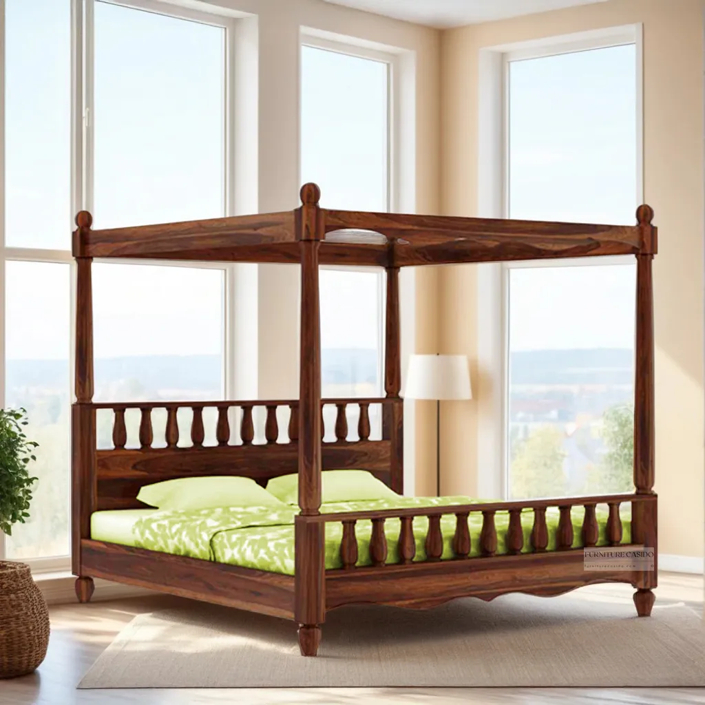 solid sheesham wood poster bed design without storage in king size and queen size