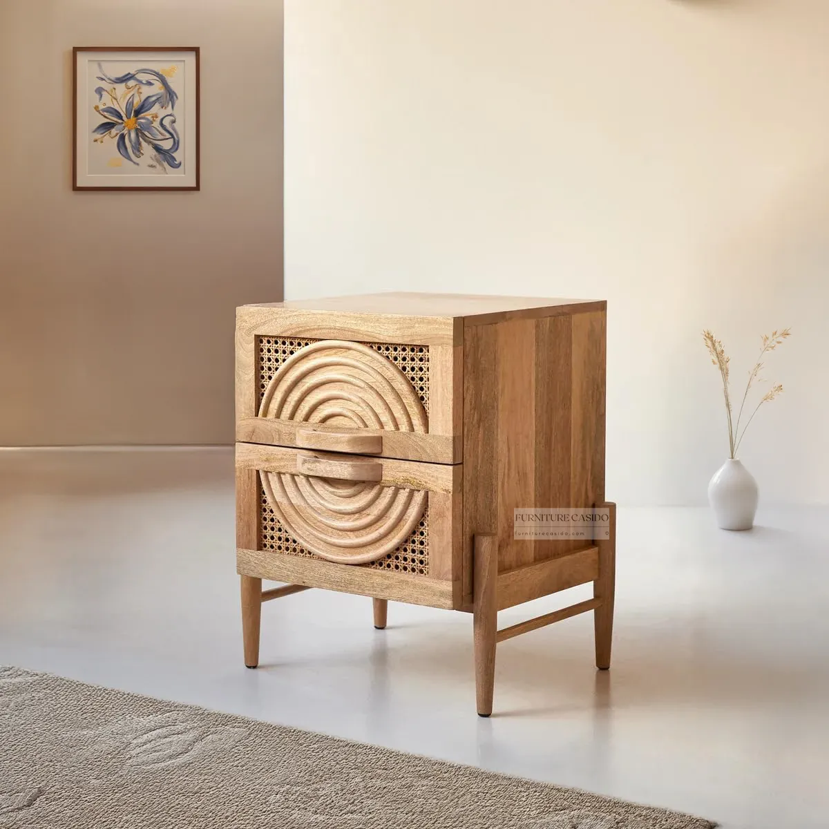 spiral carving solid wood rattan bedside table design