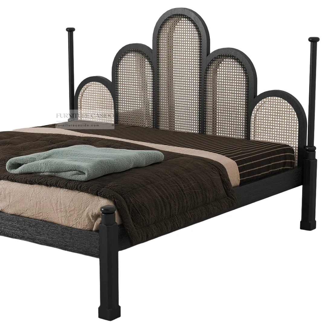 wooden double bed with rattan cane work - king size