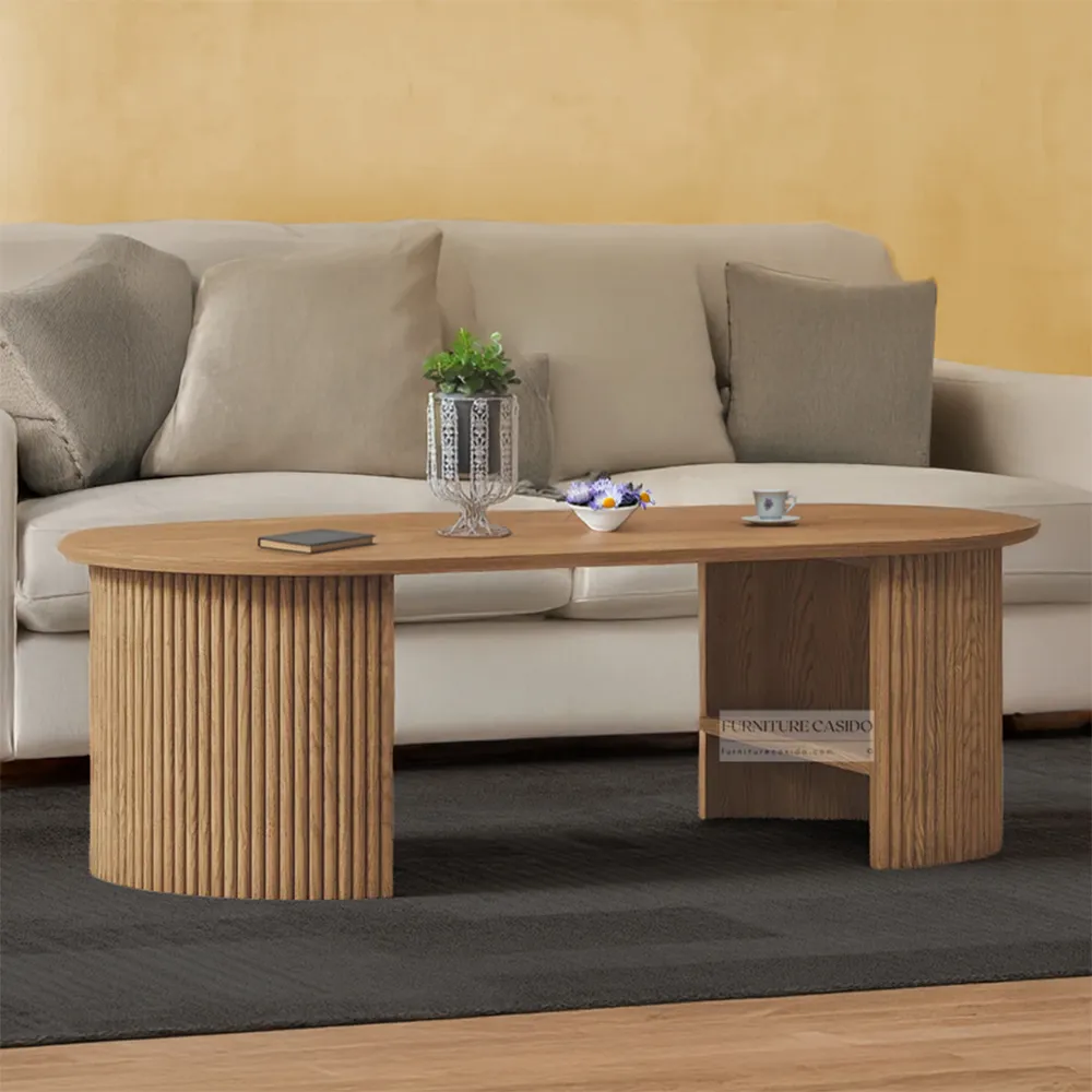 wooden oval coffee table with 2 bottom shelf - oval shape center table