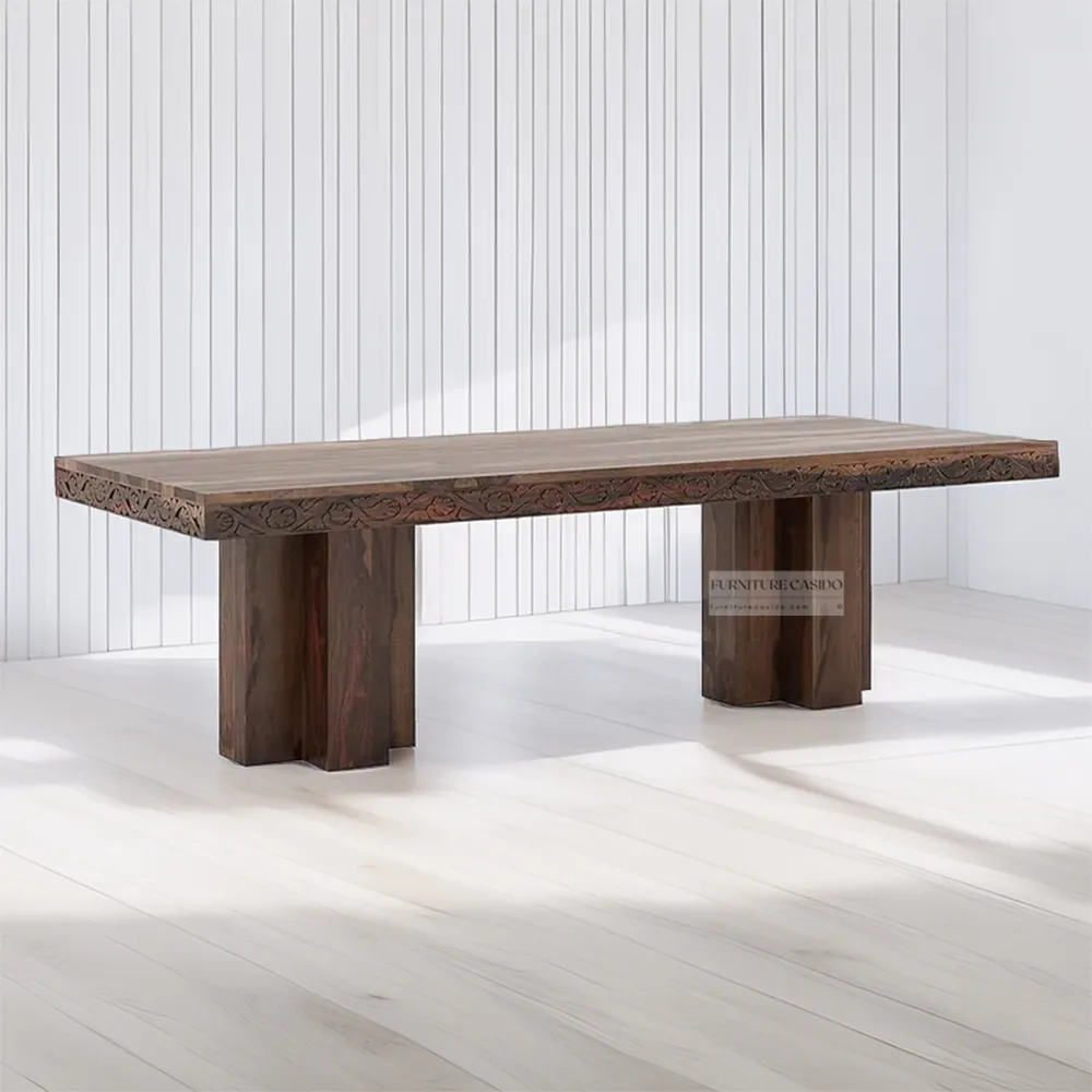 6 seater wooden dining table with carving design