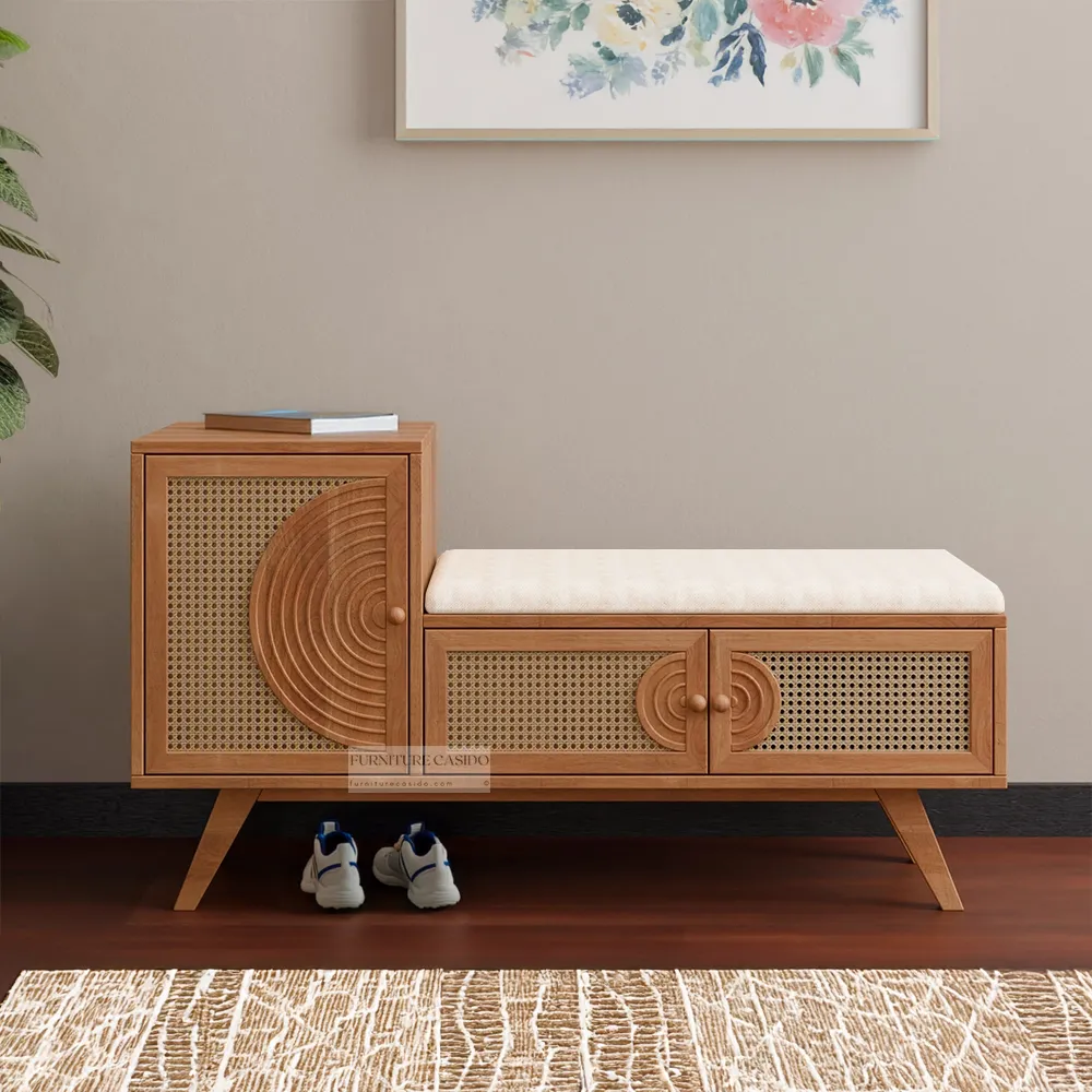 indoor wooden bench with cushion