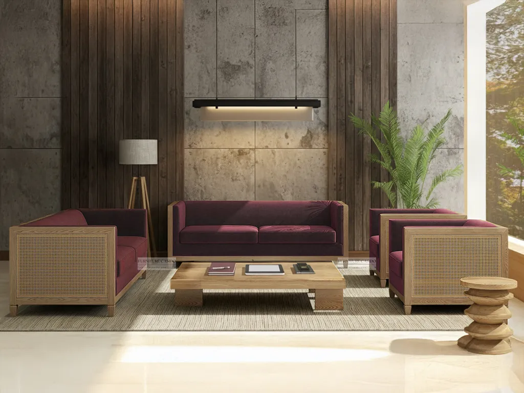rattan solid wood 7 seater sofa set with table & cushion seat