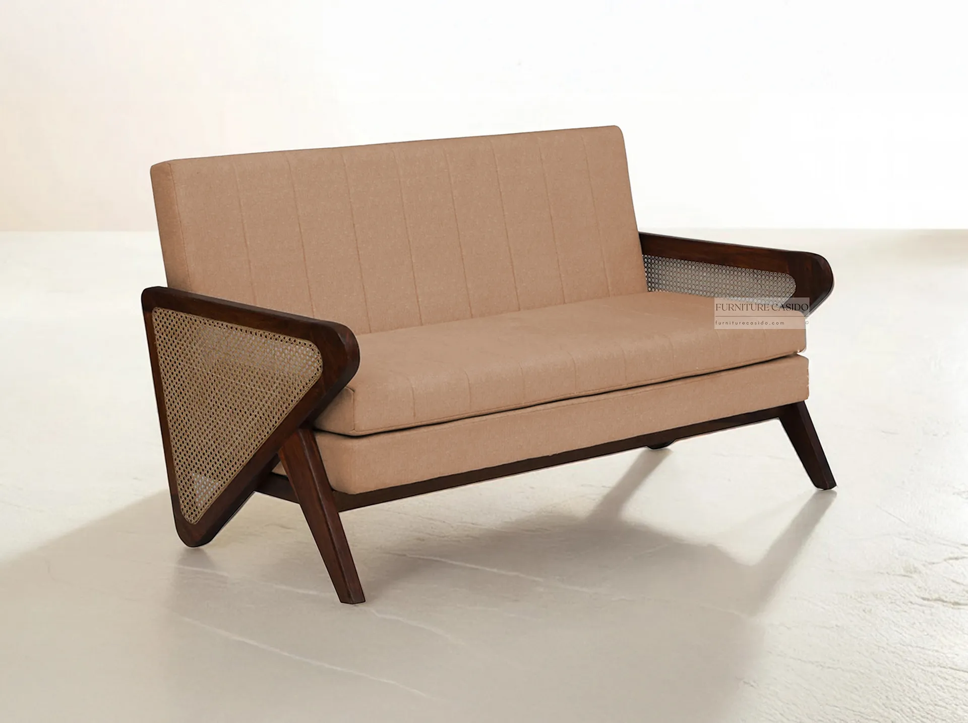 solid sheesham wood 2 seater sofa with rattan cane